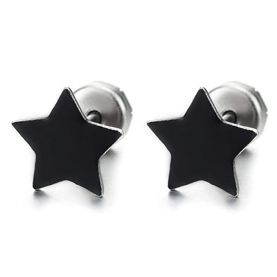 Stainless Steel Black Enamel Stars Pentagram Stud Earrings for Men Women, Snap Push Back, 1 Pair - coolsteelandbeyond