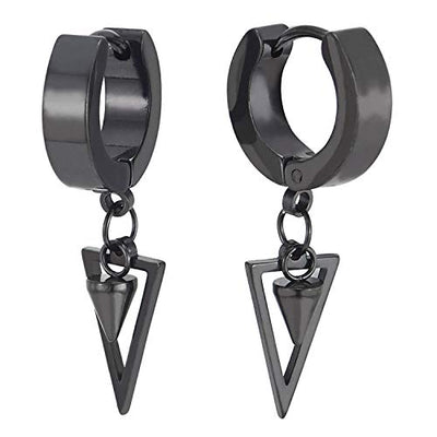 Men Women Stainless Steel Black Huggie Hinged Hoop Earrings with Dangling Cone and Open Triangle - coolsteelandbeyond