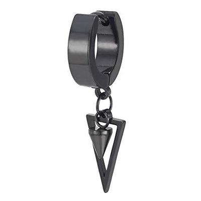 Men Women Stainless Steel Black Huggie Hinged Hoop Earrings with Dangling Cone and Open Triangle - coolsteelandbeyond