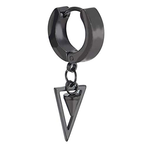 Men Women Stainless Steel Black Huggie Hinged Hoop Earrings with Dangling Cone and Open Triangle - coolsteelandbeyond