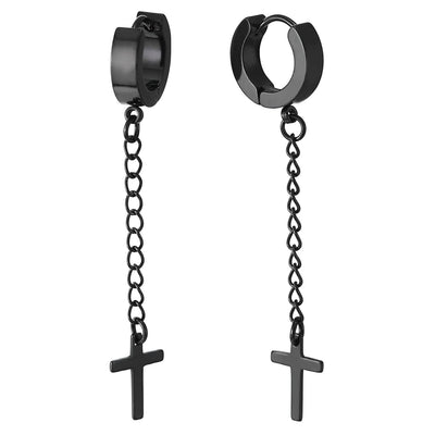 Stainless Steel Black Huggie Hinged Hoop Earrings with Long Chain Dangling Cross Unisex Men Women - COOLSTEELANDBEYOND Jewelry