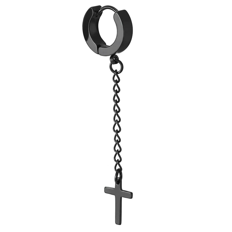 Stainless Steel Black Huggie Hinged Hoop Earrings with Long Chain Dangling Cross Unisex Men Women - COOLSTEELANDBEYOND Jewelry
