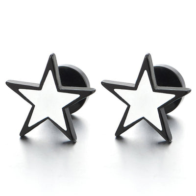 Stainless Steel Black White Stars Pentagram Stud Earrings for Men Women, Screw Back, 1 Pair - coolsteelandbeyond