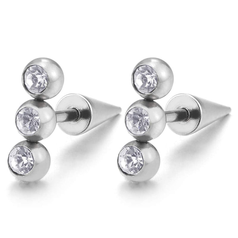 Stainless Steel Cubic Zirconia Balls Bar Stud Earrings for Men and Women, Spiked Screw Back, 2pcs - COOLSTEELANDBEYOND Jewelry