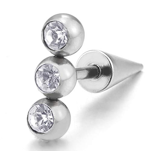 Stainless Steel Cubic Zirconia Balls Bar Stud Earrings for Men and Women, Spiked Screw Back, 2pcs - COOLSTEELANDBEYOND Jewelry