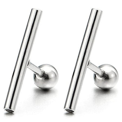 Stainless Steel Cylinder Bar Stud Earrings for Men and Women, Screw Back, 2pcs - coolsteelandbeyond