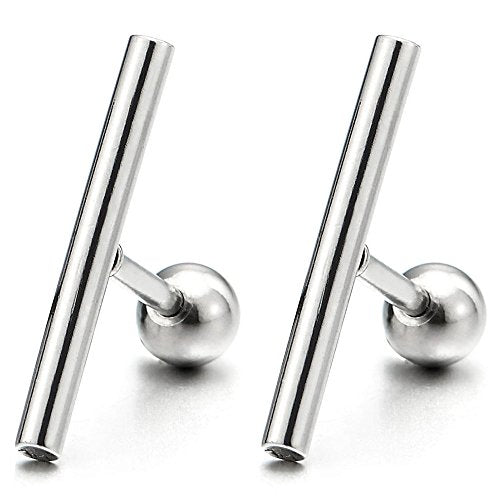 Stainless Steel Cylinder Bar Stud Earrings for Men and Women, Screw Back, 2pcs - coolsteelandbeyond