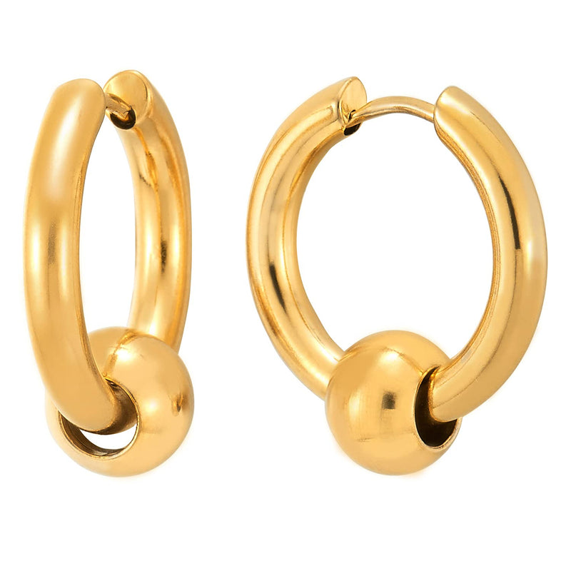 Stainless Steel Gold Color Circle Beads Huggie Hinged Hoop Earrings for Men Women, 2pcs - COOLSTEELANDBEYOND Jewelry