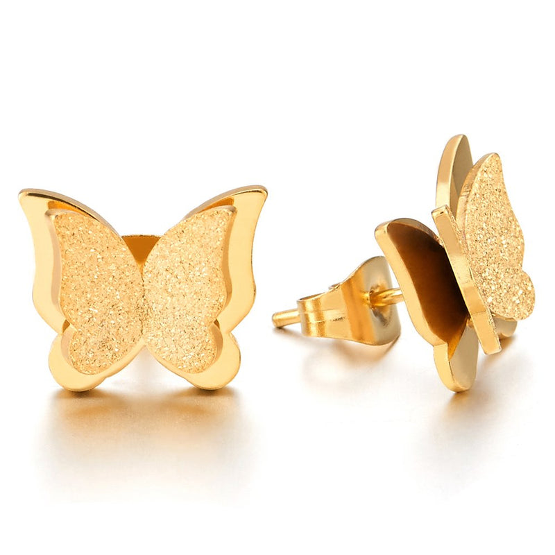 Stainless Steel Gold Color Double Butterflies Stud Earrings for Womens and, Polished and Satin - COOLSTEELANDBEYOND Jewelry
