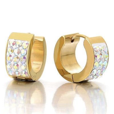 Stainless Steel Gold Color Small Hoop Huggie Hinged Earrings Set with Rhinestones - COOLSTEELANDBEYOND Jewelry