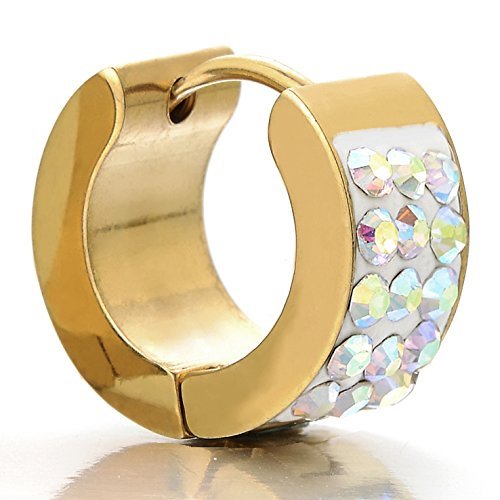 Stainless Steel Gold Color Small Hoop Huggie Hinged Earrings Set with Rhinestones - COOLSTEELANDBEYOND Jewelry