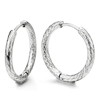 Stainless Steel Grid Checker Pattern Circle Huggie Hinged Hoop Earrings for Men Women, 2pcs - COOLSTEELANDBEYOND Jewelry
