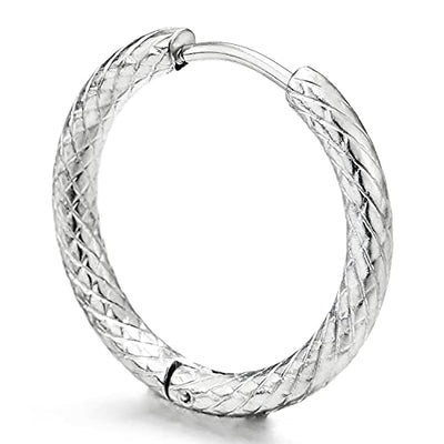 Stainless Steel Grid Checker Pattern Circle Huggie Hinged Hoop Earrings for Men Women, 2pcs - COOLSTEELANDBEYOND Jewelry