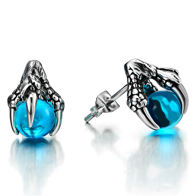 Stainless Steel Mens Dragon Claw Eagle Claw Stud Earrings with 6MM Blue Crystal Ball, 2pcs - COOLSTEELANDBEYOND Jewelry