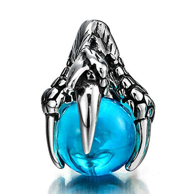 Stainless Steel Mens Dragon Claw Eagle Claw Stud Earrings with 6MM Blue Crystal Ball, 2pcs - COOLSTEELANDBEYOND Jewelry