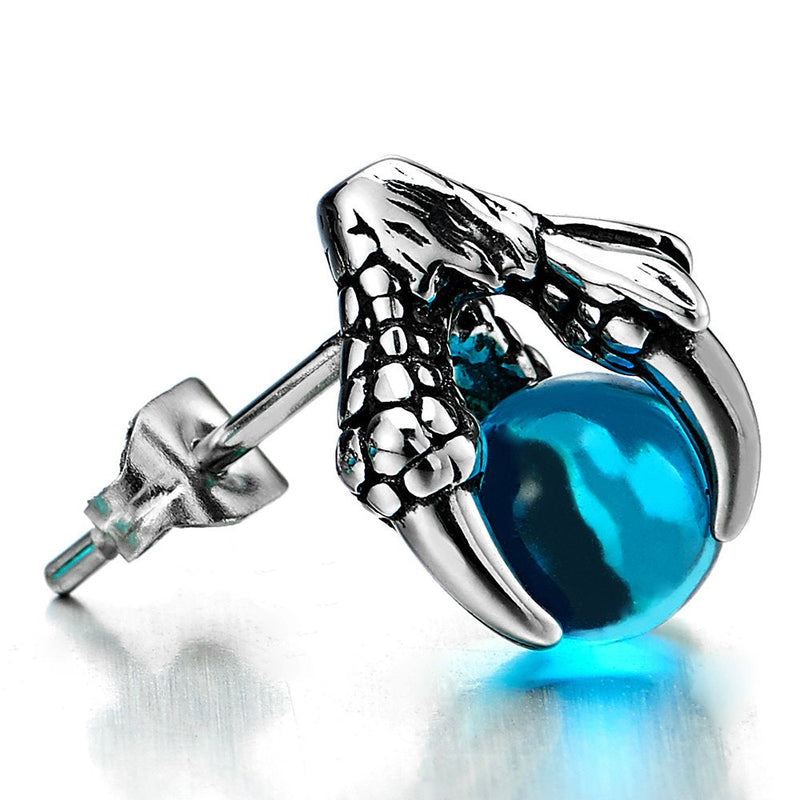 Stainless Steel Mens Dragon Claw Eagle Claw Stud Earrings with 6MM Blue Crystal Ball, 2pcs - COOLSTEELANDBEYOND Jewelry