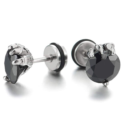 Stainless Steel Mens Dragon Claw Stud Earrings with 8MM Black Cubic Zirconia, Screw Back, 2pcs - coolsteelandbeyond