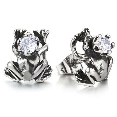 Stainless Steel Mens Women Frog Stud Earrings with 4MM Cubic Zirconia, 2pcs - COOLSTEELANDBEYOND Jewelry