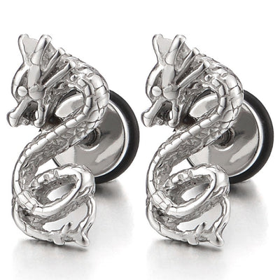 Stainless Steel Pair Mens Dragon Stud Earrings, Screw Back - coolsteelandbeyond