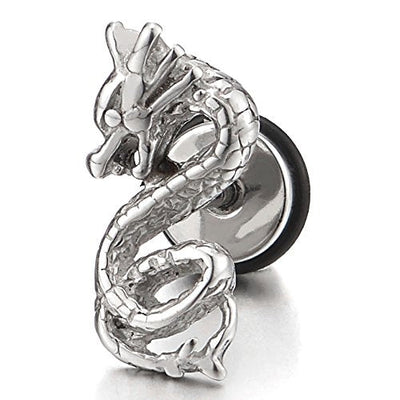 Stainless Steel Pair Mens Dragon Stud Earrings, Screw Back - coolsteelandbeyond