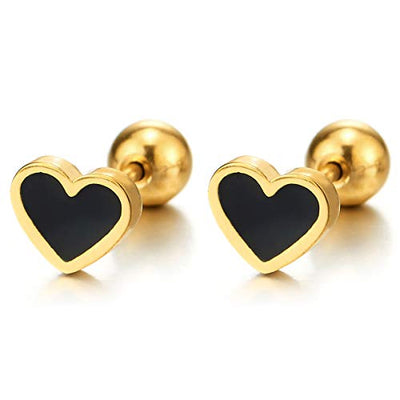 Stainless Steel Pair Womens Tiny Gold Color Flat Heart Stud Earrings with Black Enamel, Screw Back - COOLSTEELANDBEYOND Jewelry