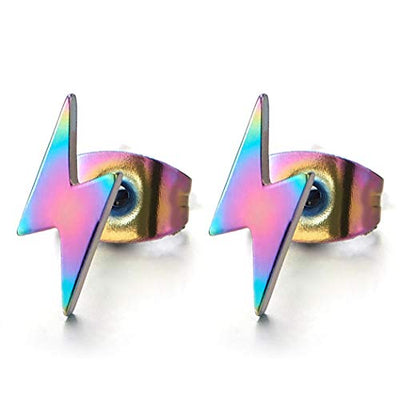 Stainless Steel Rainbow Oxidized Lightning Bolt Stud Earrings for Men and Women, 1 Pair - coolsteelandbeyond