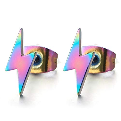 Stainless Steel Rainbow Oxidized Lightning Bolt Stud Earrings for Men and Women, 1 Pair - coolsteelandbeyond