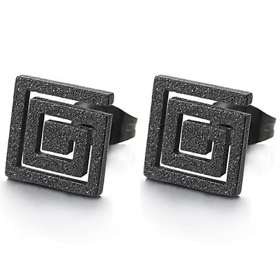 Stainless Steel Satin Black Geometric Square Swirl Stud Earrings for Men for Women, 2pcs - COOLSTEELANDBEYOND Jewelry