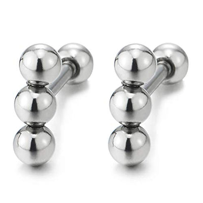 Stainless Steel Small Triple Balls Bar Stud Earrings for Men and Women, Screw Back, Unique, 2pcs - coolsteelandbeyond