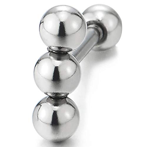 Stainless Steel Small Triple Balls Bar Stud Earrings for Men and Women, Screw Back, Unique, 2pcs - coolsteelandbeyond