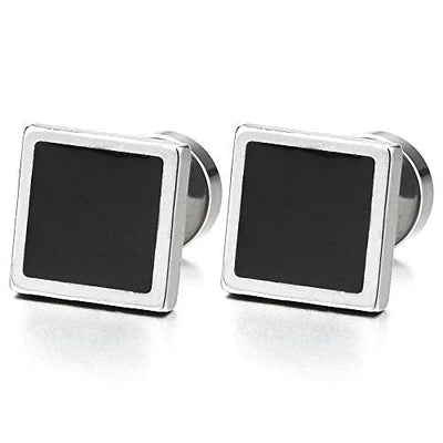 Unisex Stainless Steel Square Stud Earrings with Black Enamel for Men and Women, Screw Back, 2pcs - coolsteelandbeyond