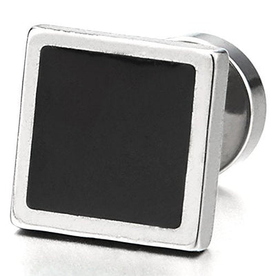 Unisex Stainless Steel Square Stud Earrings with Black Enamel for Men and Women, Screw Back, 2pcs - coolsteelandbeyond