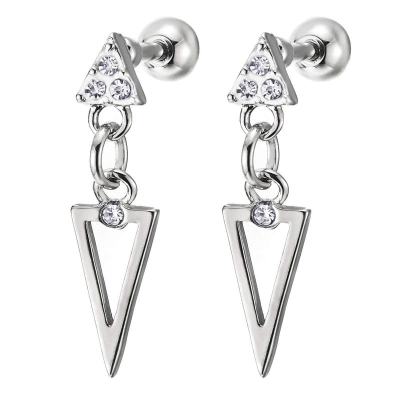 Stainless Steel Triangle Stud Earrings with CZ and Dangling Inverted Triangle, Men Women, Screw Back - coolsteelandbeyond