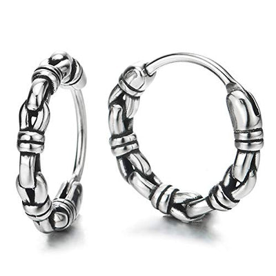 Stainless Steel Vintage Knot Link Circle Huggie Hinged Hoop Earrings for Men Women, Vintage Tribal - coolsteelandbeyond