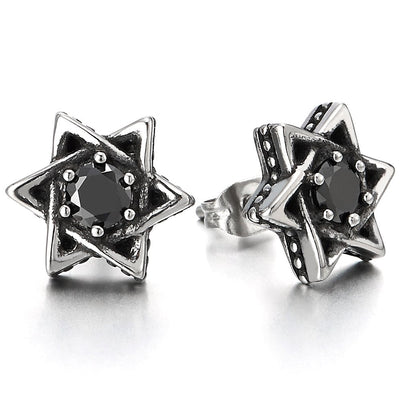 Stainless Steel Vintage Star-of-David Stud Earrings with Black Cubic Zirconia for Mens Womens, 2pcs - coolsteelandbeyond