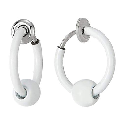 Stainless Steel White Circle Bead Huggie Hinged Hoop Non-Piercing Clip-on Earrings for Men Women - coolsteelandbeyond