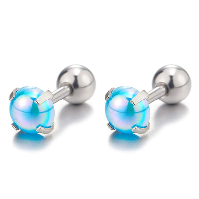 Stainless Steel Womens Half Ball Stud Earrings with Blue Resin Bead, Screw Back 2pcs - COOLSTEELANDBEYOND Jewelry