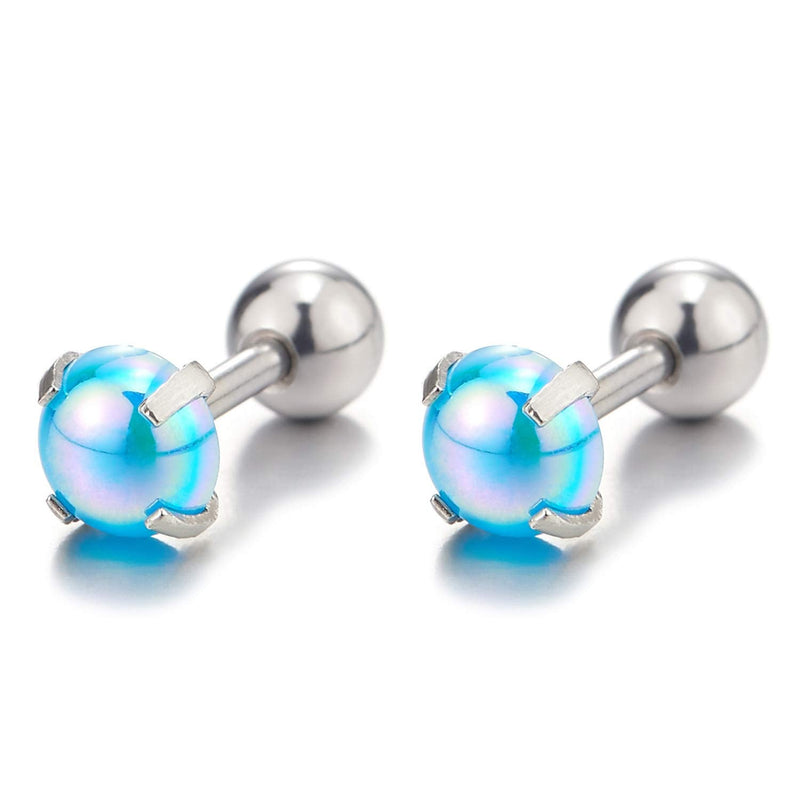 Stainless Steel Womens Half Ball Stud Earrings with Blue Resin Bead, Screw Back 2pcs - COOLSTEELANDBEYOND Jewelry