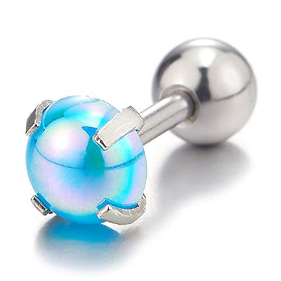 Stainless Steel Womens Half Ball Stud Earrings with Blue Resin Bead, Screw Back 2pcs - COOLSTEELANDBEYOND Jewelry