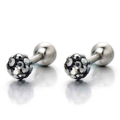 Stainless Steel Womens Mens Ball Stud Earrings Screw Back with Black Cubic Zirconia, 2pcs - COOLSTEELANDBEYOND Jewelry