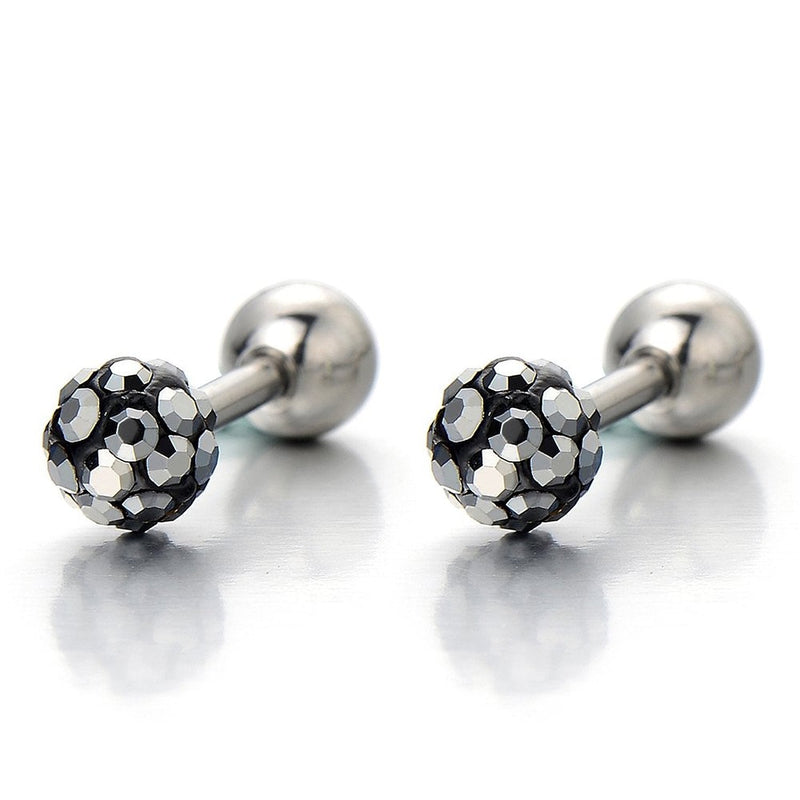 Stainless Steel Womens Mens Ball Stud Earrings Screw Back with Black Cubic Zirconia, 2pcs - COOLSTEELANDBEYOND Jewelry