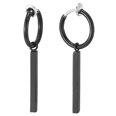 Steel Black Circle Huggie Hinged Hoop Non-Piercing Clip-on Earrings with Dangling Cuboid for Mens Womens - COOLSTEELANDBEYOND Jewelry