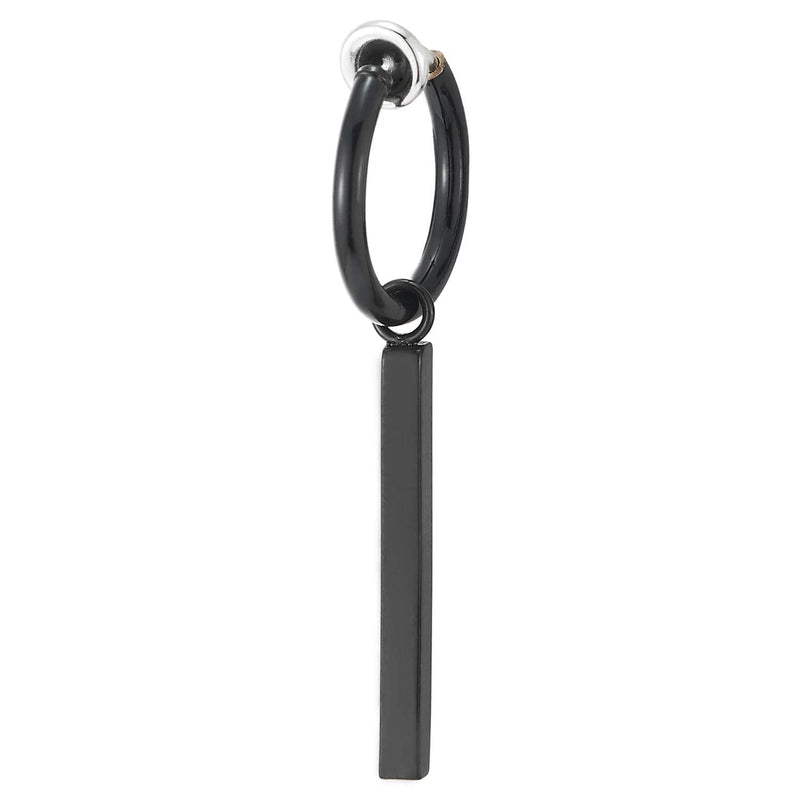 Steel Black Circle Huggie Hinged Hoop Non-Piercing Clip-on Earrings with Dangling Cuboid for Mens Womens - COOLSTEELANDBEYOND Jewelry