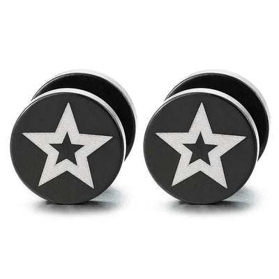 Steel Black Circle Stud Earrings Pentagram Star, Men Women Cheater Fake Ear Plugs Gauges Tunnel - coolsteelandbeyond