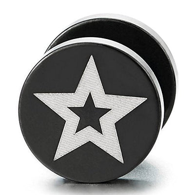 Steel Black Circle Stud Earrings Pentagram Star, Men Women Cheater Fake Ear Plugs Gauges Tunnel - coolsteelandbeyond