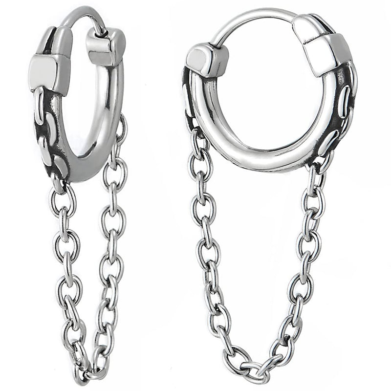 Steel Chain Wreath Huggie Hinged Hoop Earrings with Dangling Chain, Mens Womens - COOLSTEELANDBEYOND Jewelry