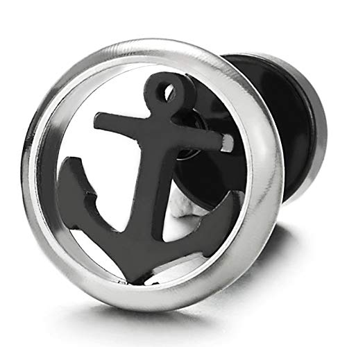 Steel Flat Marine Anchor Circle Stud Earrings for Men Women, Silver Black, Screw Back, Punk Rock - COOLSTEELANDBEYOND Jewelry