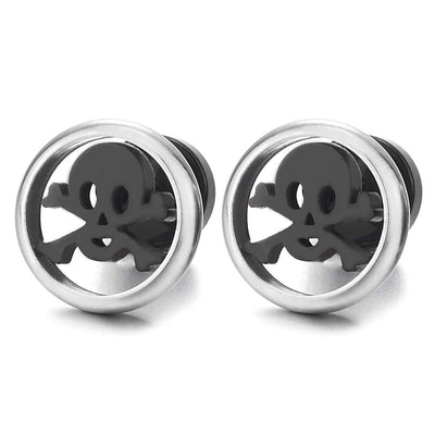 Steel Flat Pirate Skull Circle Stud Earrings for Men Women, Silver Black, Screw Back, Rock - coolsteelandbeyond