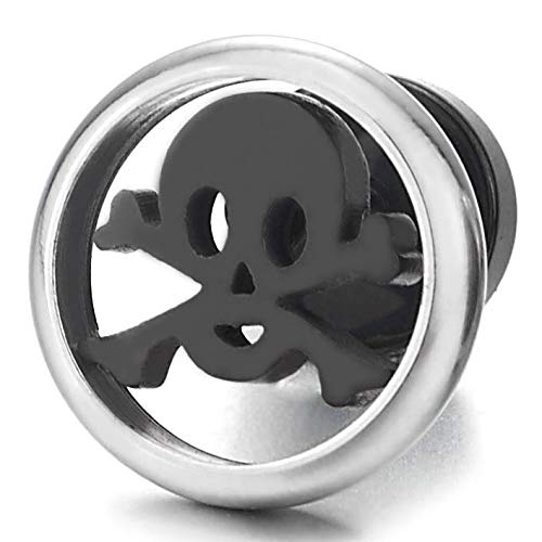 Steel Flat Pirate Skull Circle Stud Earrings for Men Women, Silver Black, Screw Back, Rock - coolsteelandbeyond