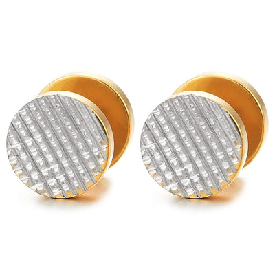 Steel Grid Circle Stud Earrings Men Women, Silver Gold, Cheater Fake Ear Plugs Gauges Tunnel 2pcs - COOLSTEELANDBEYOND Jewelry